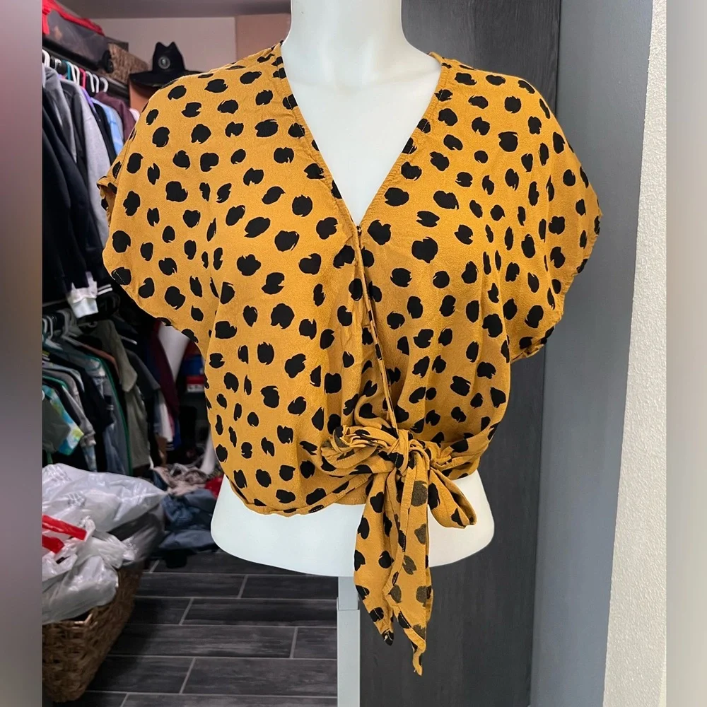 Madewell Orange and Black Polka Dot Tie Top - Picture 1 of 6